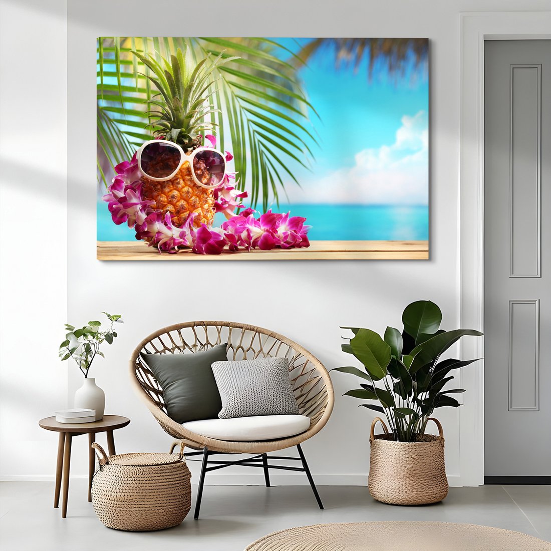 Obraz na płótnie - ananas, okulary, kwiaty