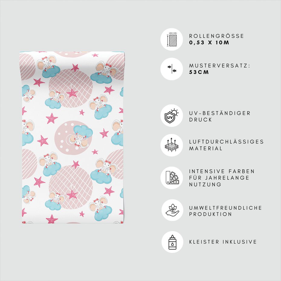 Tapeta - dziecięca, słonie, chmury, gwiazdy