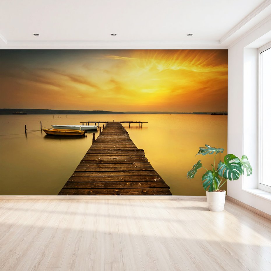 Fototapeta - jezioro, pomost, łodzie