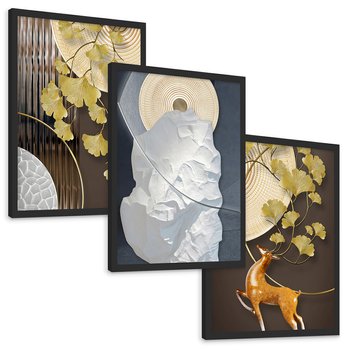 Zestaw obrazy w ramie, plakaty - złoty, liście, abstrakcja - rama czarna