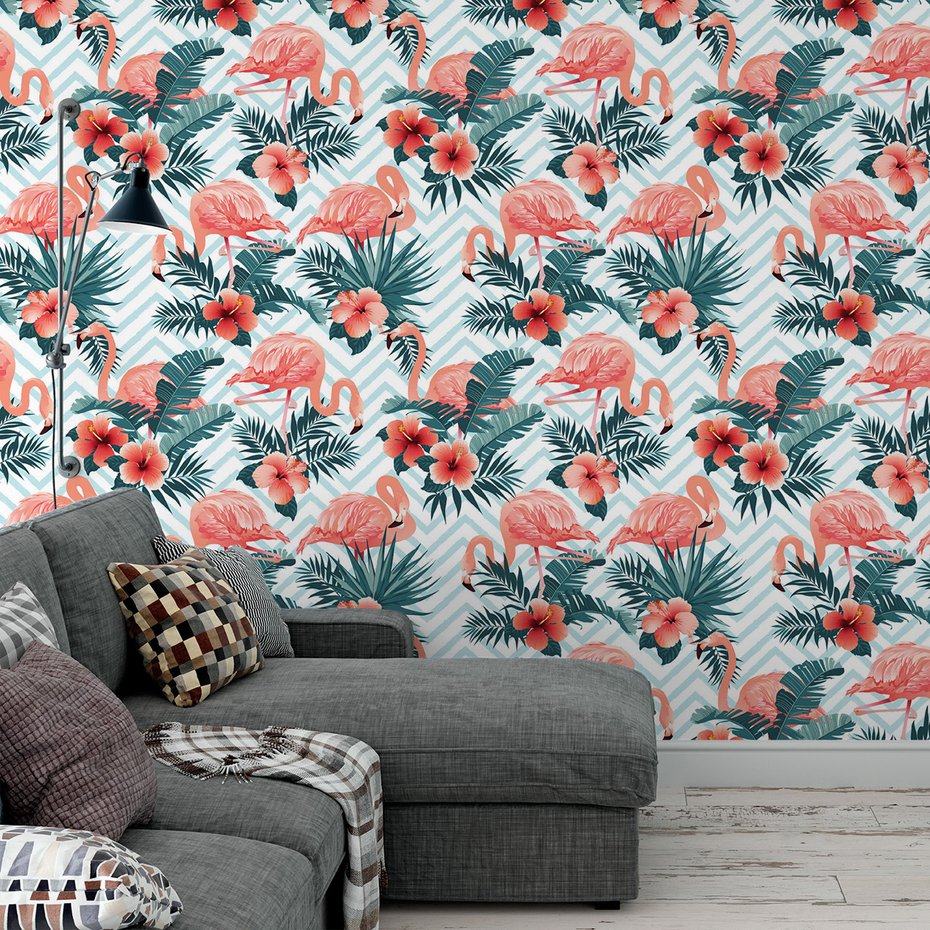 Tapeta - flamingo, kwiaty, liście