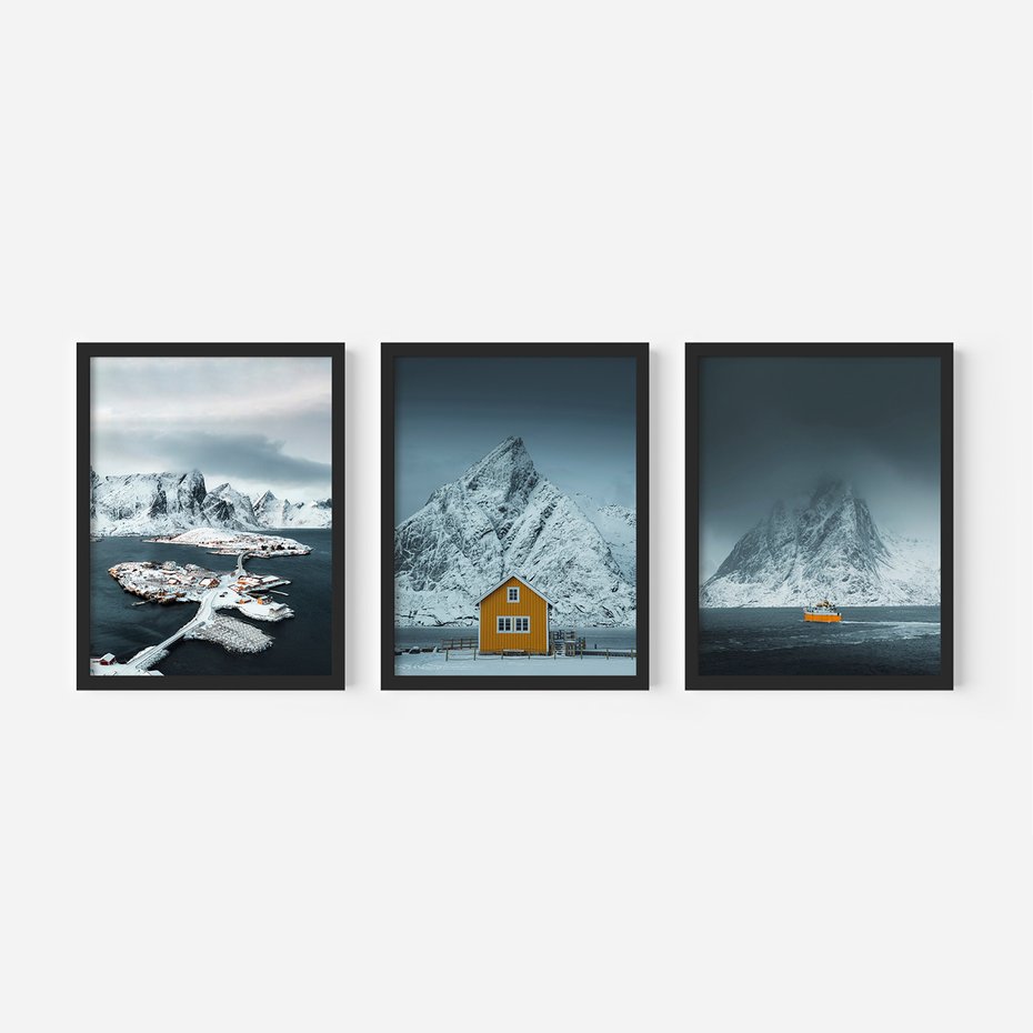 Zestaw obrazy w ramie, plakaty - góry, śnieg, woda - rama czarna
