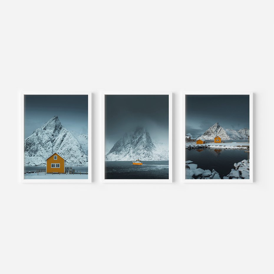 Zestaw obrazy w ramie, plakaty - góry, śnieg, domki - rama biała