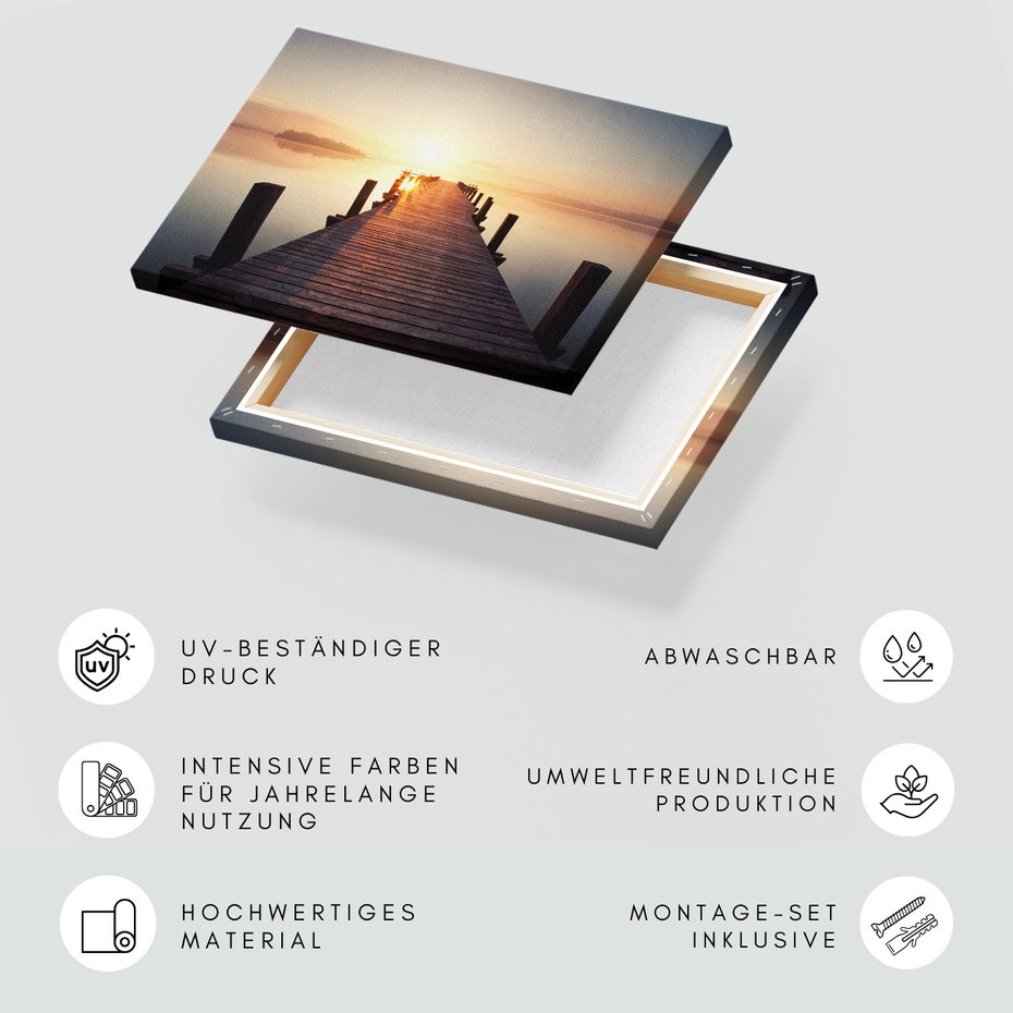 Obraz na płótnie - jezioro, pomost, wschód słońca