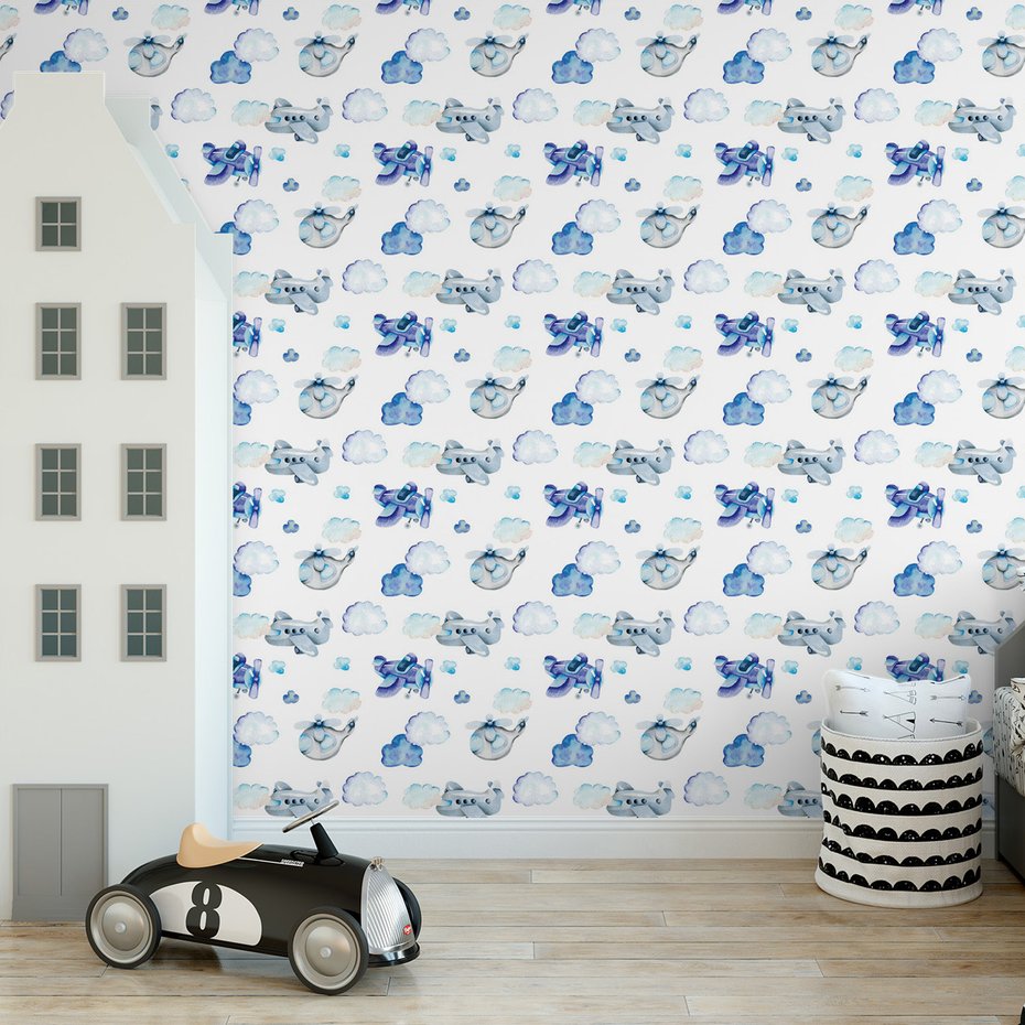 Tapeta - dziecięca, samoloty, chmury, helikoptery