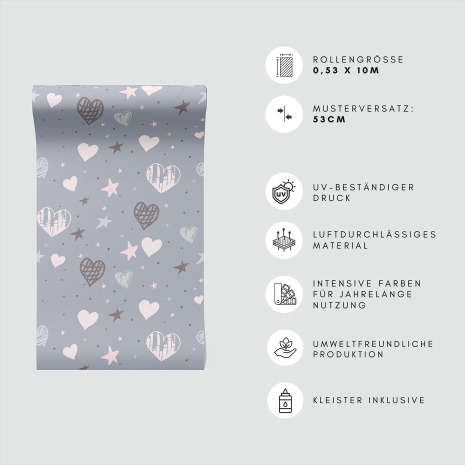 Tapeta - dziecięca, serca, gwiazdy,