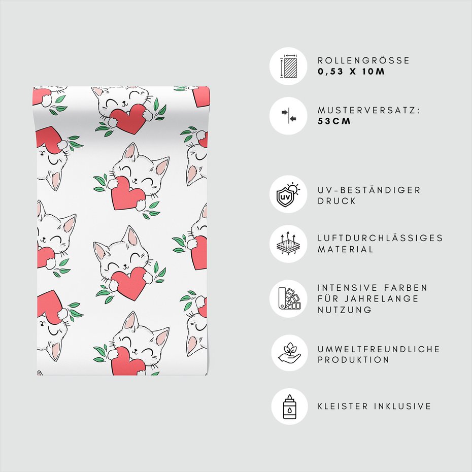 Tapeta - dziecięca, kot, serce, liście