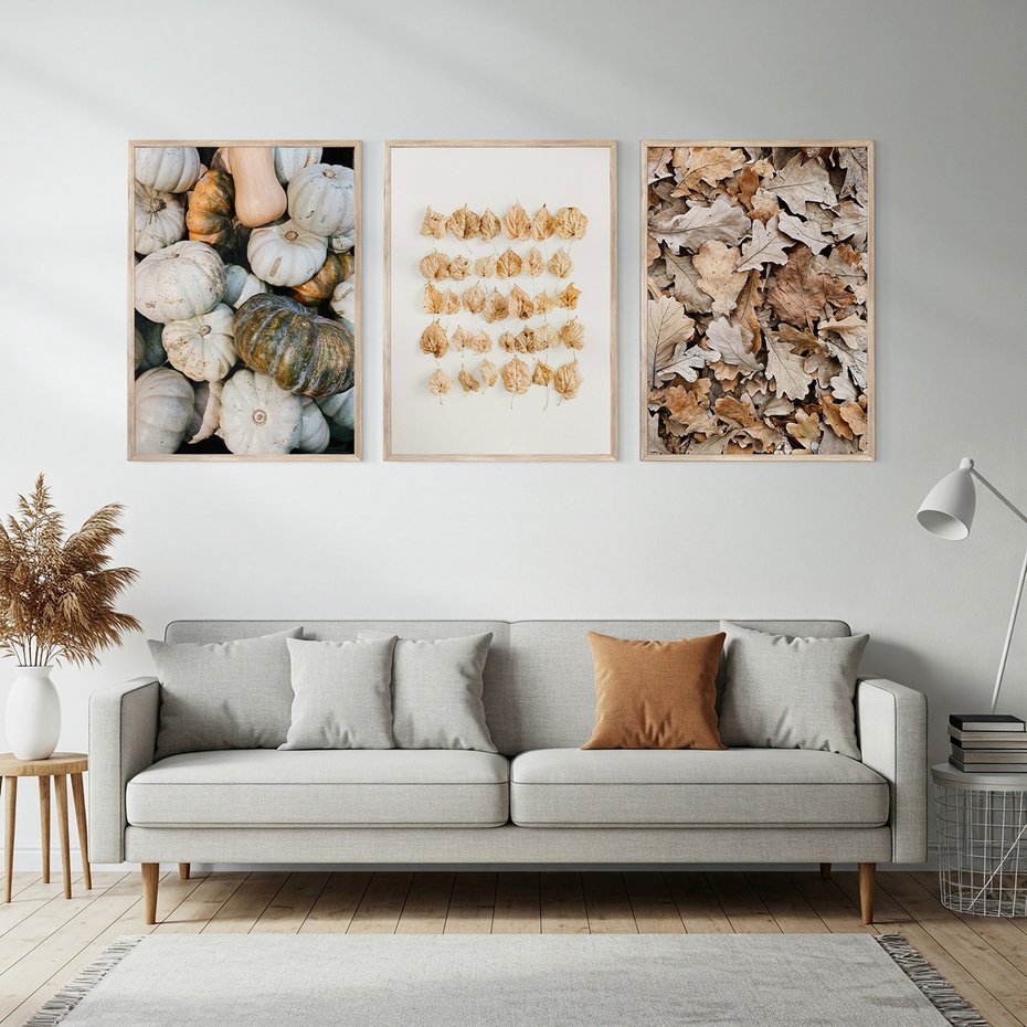 Zestaw obrazy w ramie, plakaty - dynie, liście, jesień - rama drewno