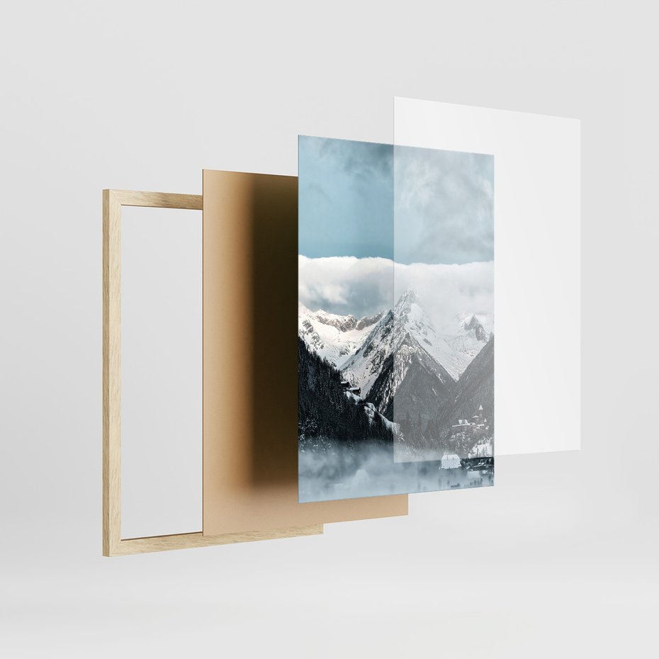 Zestaw obrazy w ramie, plakaty - zima, śnieg, góry - rama drewno
