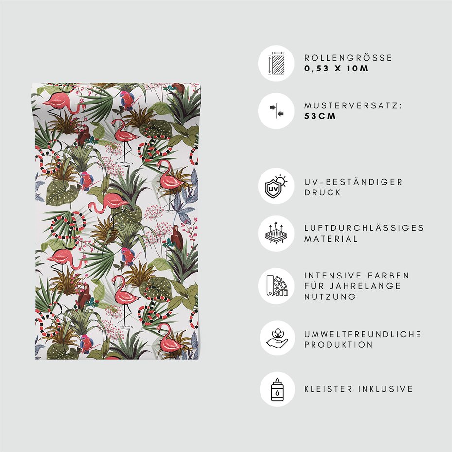 Tapeta - flamingo, papuga, liście