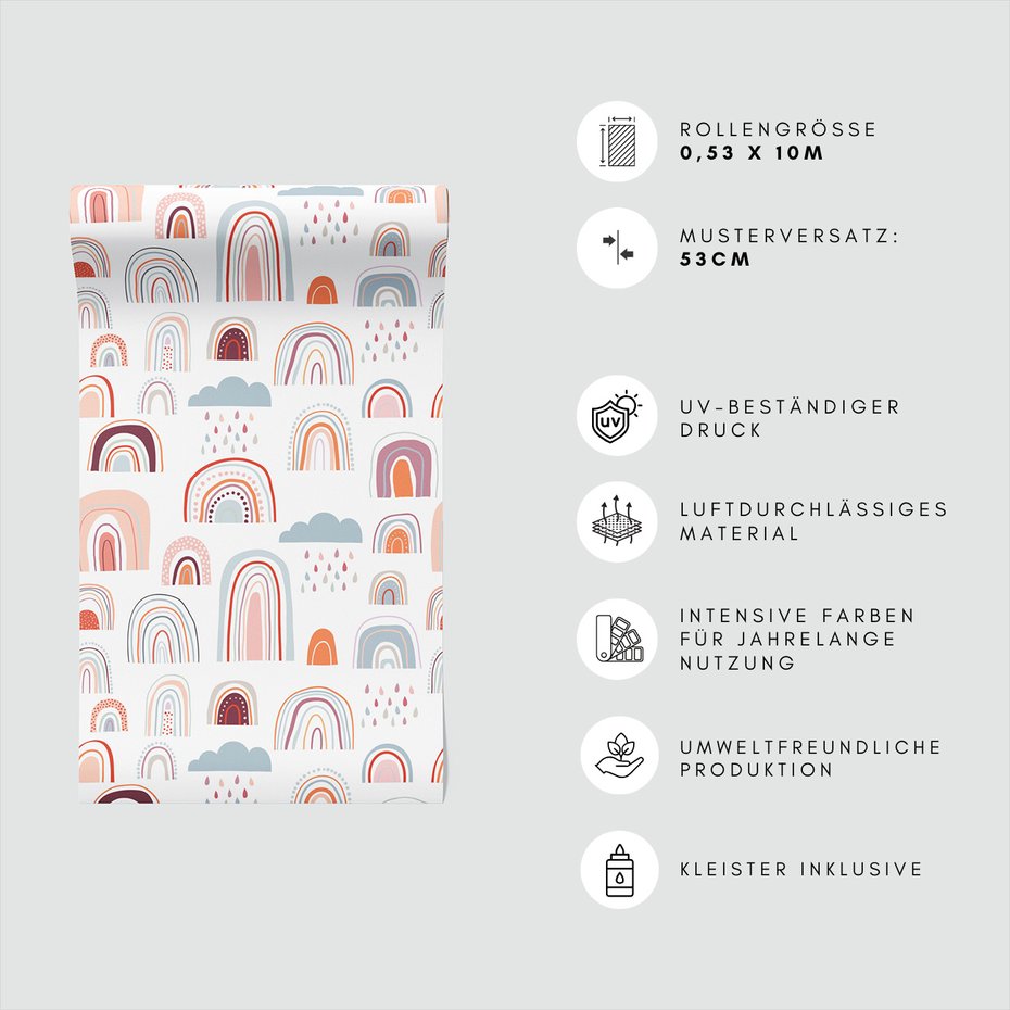 Tapeta - dziecięca, tęcza, chmura, kropelki