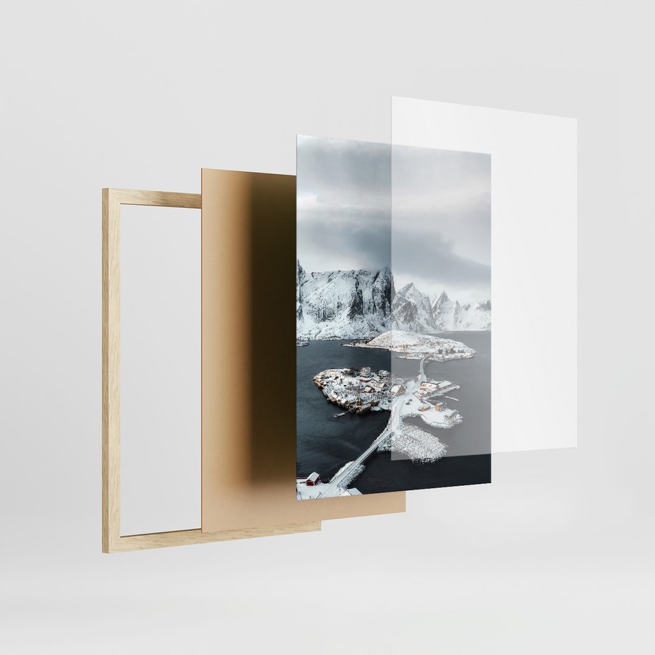 Zestaw obrazy w ramie, plakaty - góry, śnieg, woda - rama drewno