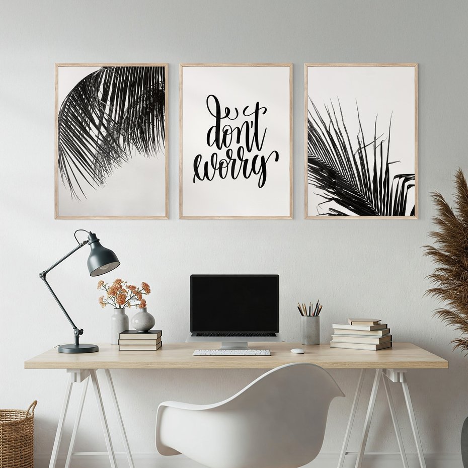 Zestaw obrazy w ramie, plakaty - liście,roślina,czarny - rama drewno