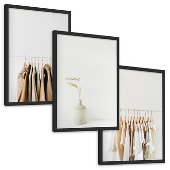 Zestaw obrazy w ramie, plakaty - ubrania, wazon, beżowy - rama czarna