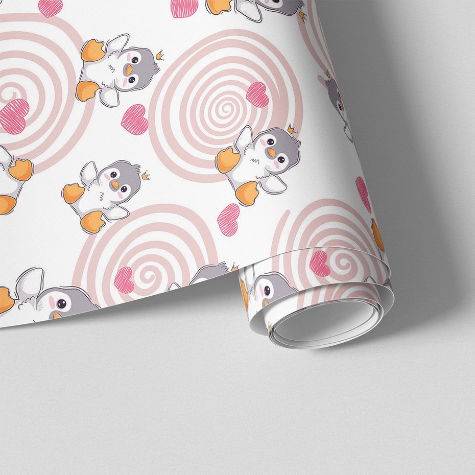 Tapeta - dziecięca, pingwiny, korona, serca