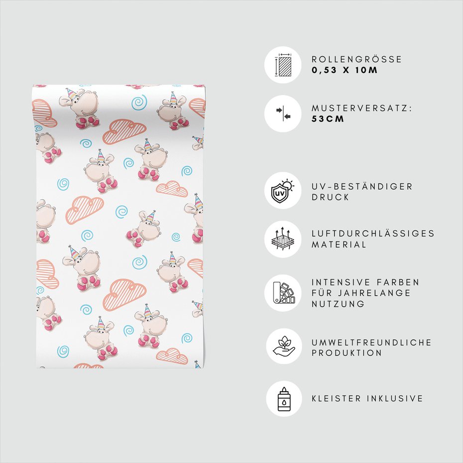 Tapeta - dziecięca, hipopotam, chmura, spirala