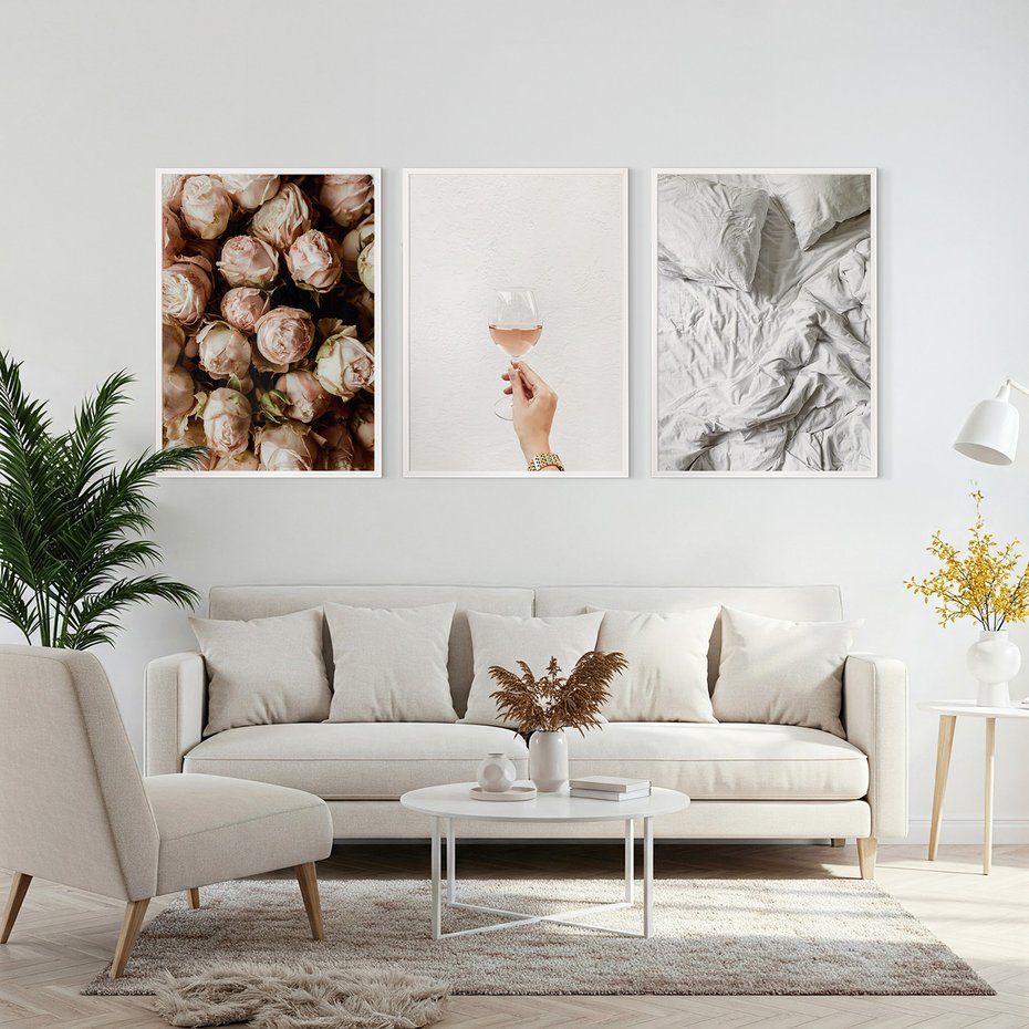 Zestaw obrazy w ramie, plakaty - róże, wino, pościel - rama biała