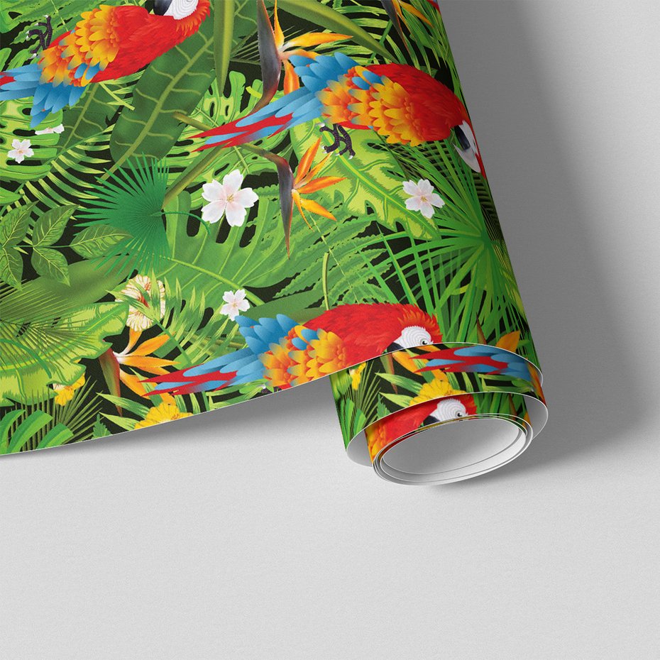 Tapeta - papuga, liście, kwiaty