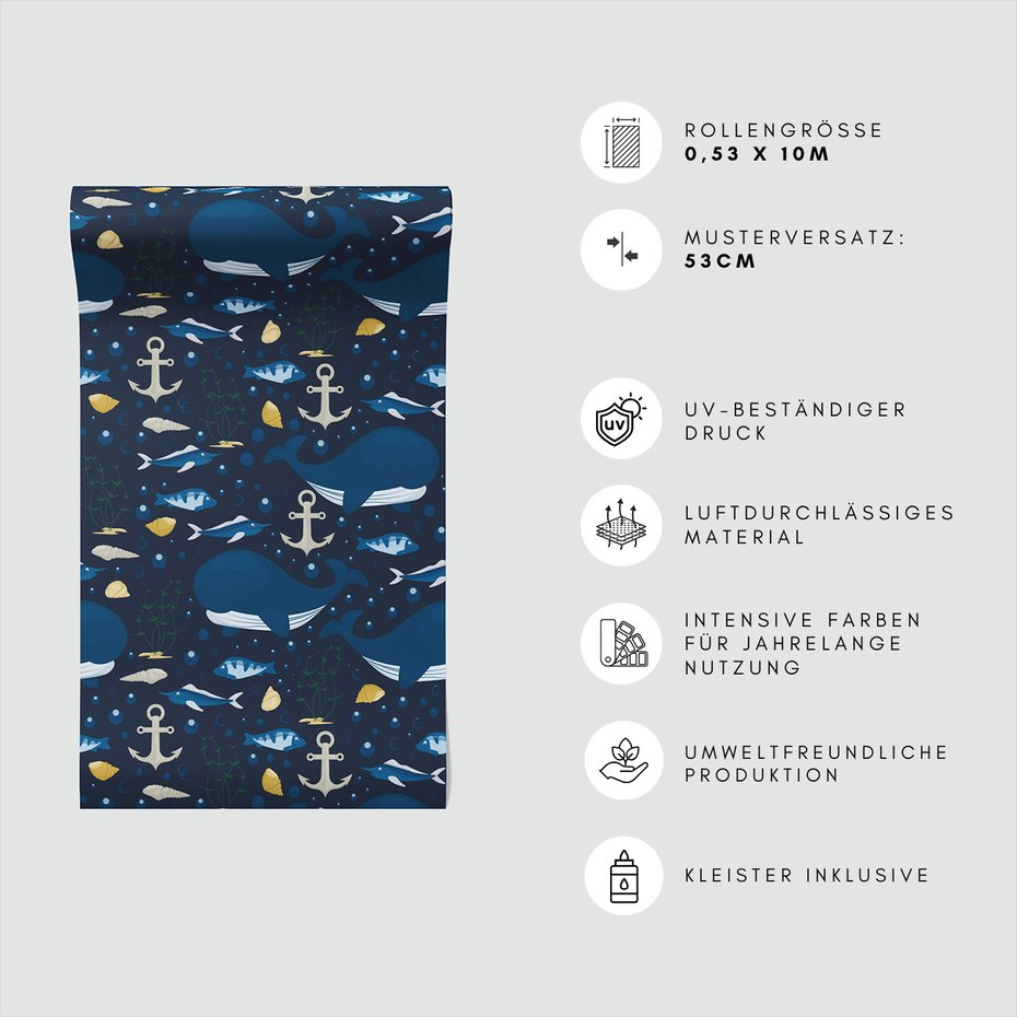 Tapeta - dziecięca, wieloryby, ryby, kotwice