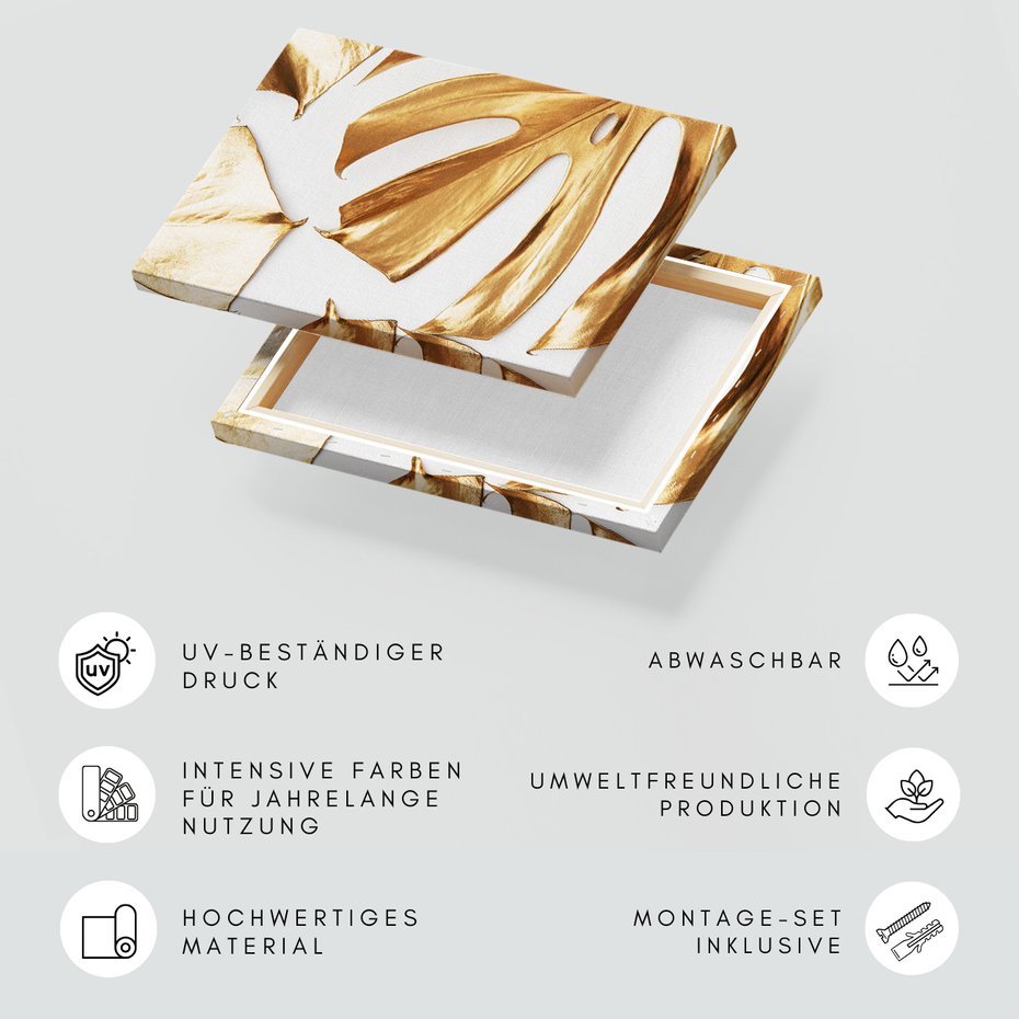 Obraz na płótnie - złoto, liście, monstera