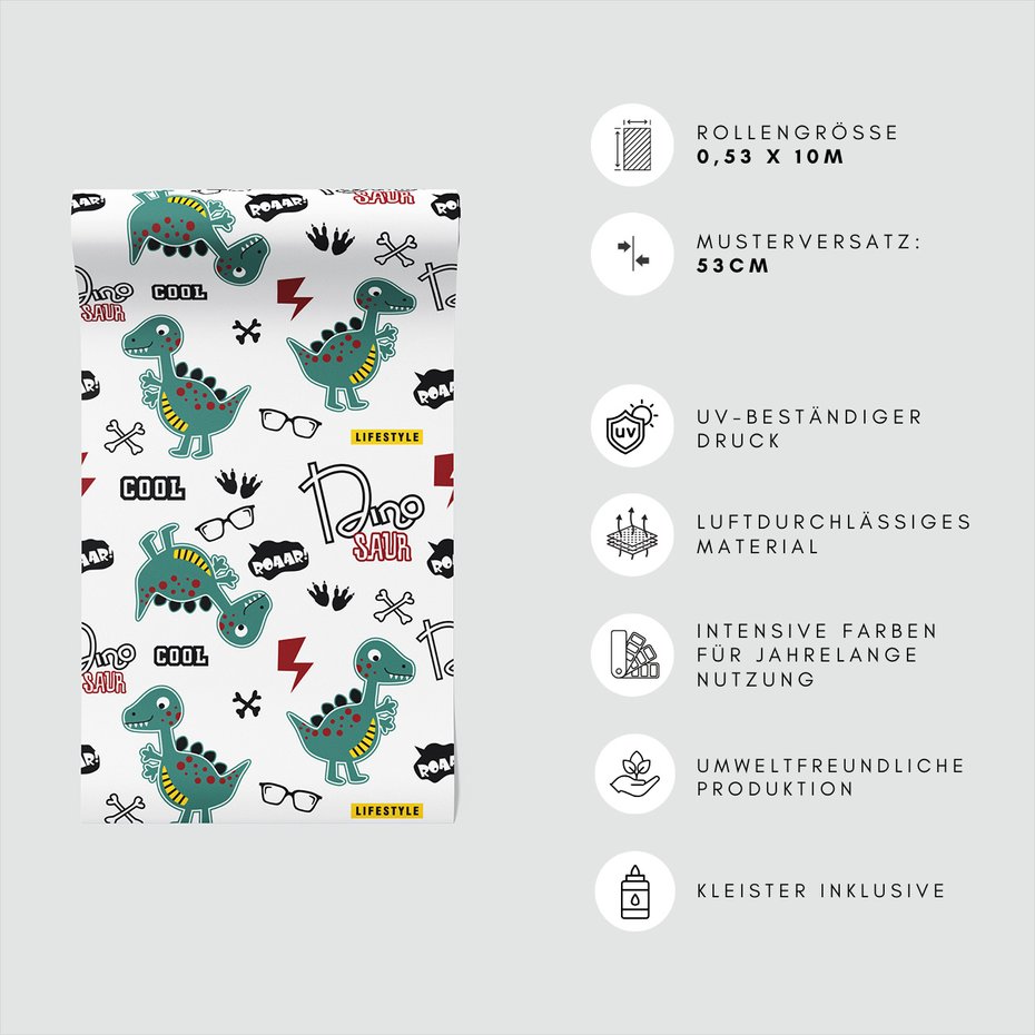 Tapeta - dziecięca, dinozaury, okulary, napisy
