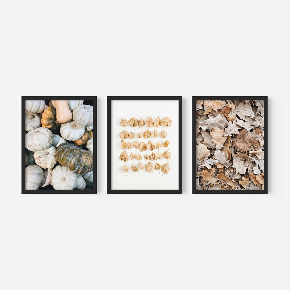 Zestaw obrazy w ramie, plakaty - dynie, liście, jesień - rama czarna