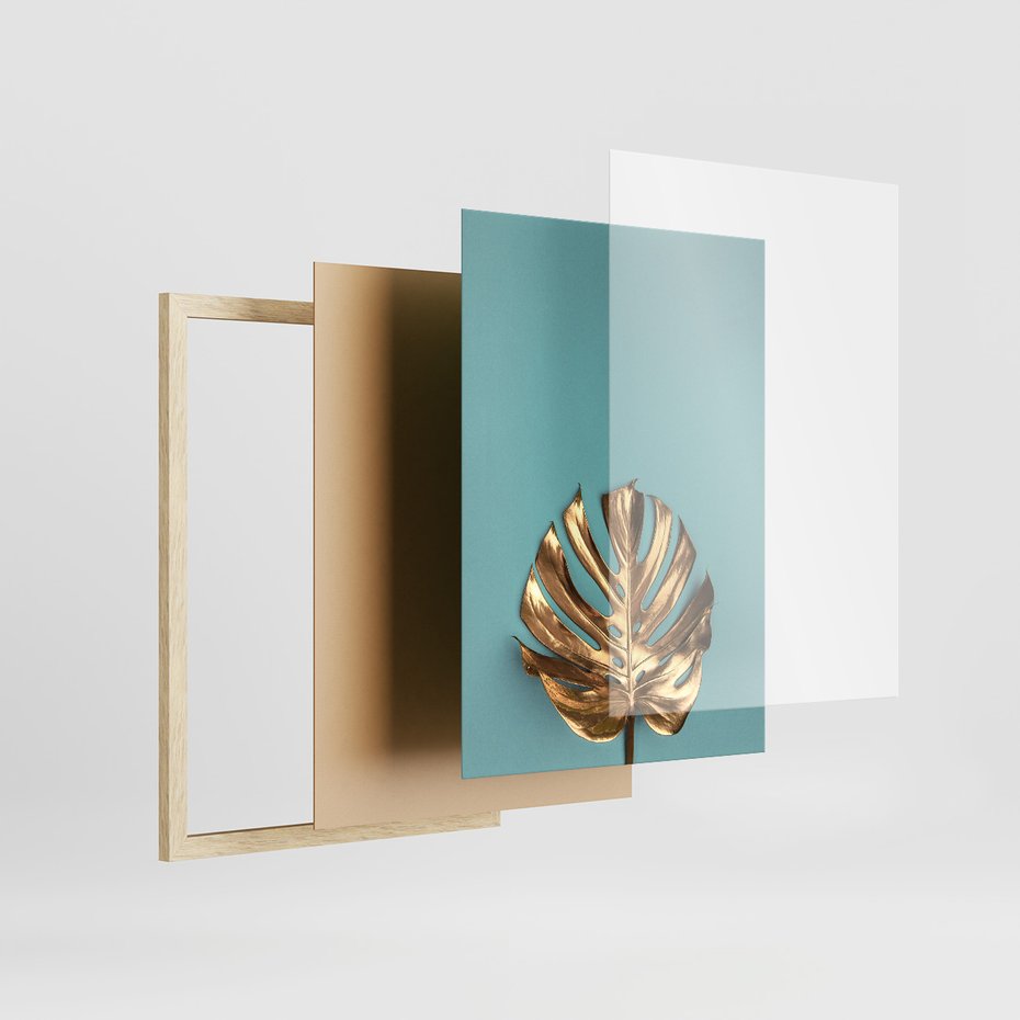 Zestaw obrazy w ramie, plakaty - liście, złoty, monstera - rama drewno