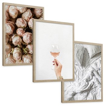 Zestaw obrazy w ramie, plakaty - róże, wino, pościel - rama drewno