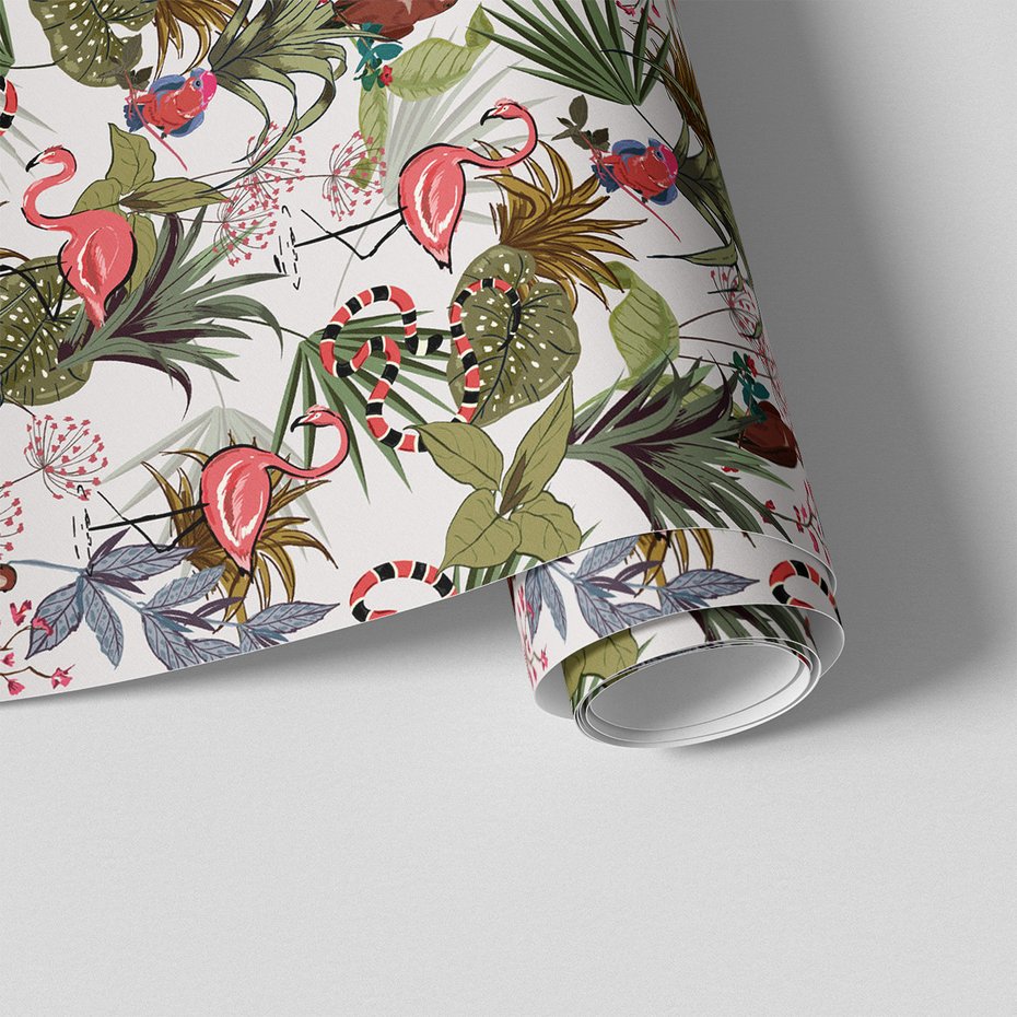 Tapeta - flamingo, papuga, liście