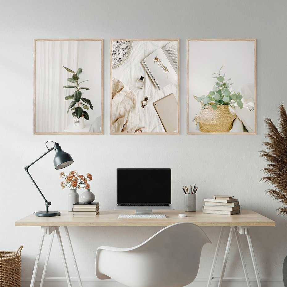 Zestaw obrazy w ramie, plakaty - rośliny, wnętrze, dekoracje - rama drewno