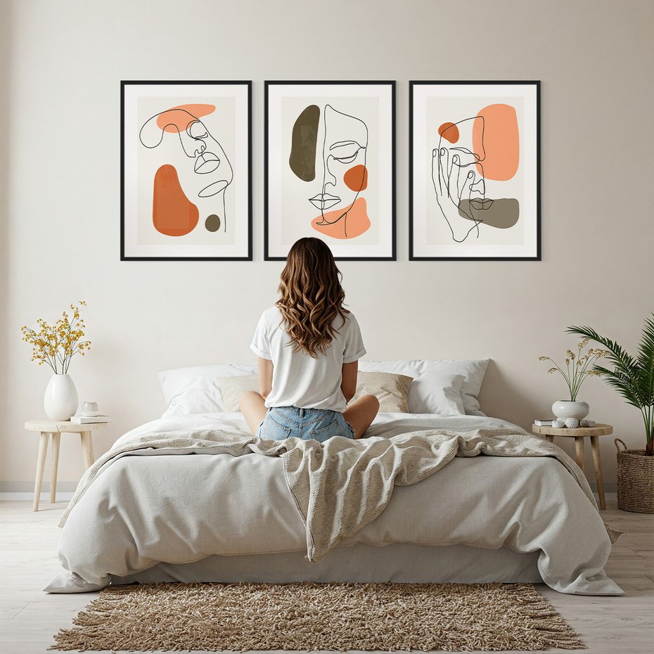 Zestaw obrazy w ramie, plakaty - abstrakcja, twarz, minimalizm - rama czarna