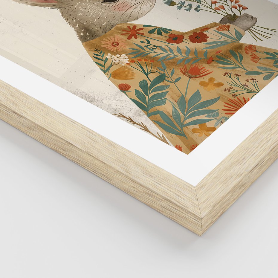 Zestaw obrazy w ramie, plakaty - króliki, dziewczynka, kwiaty - rama drewno