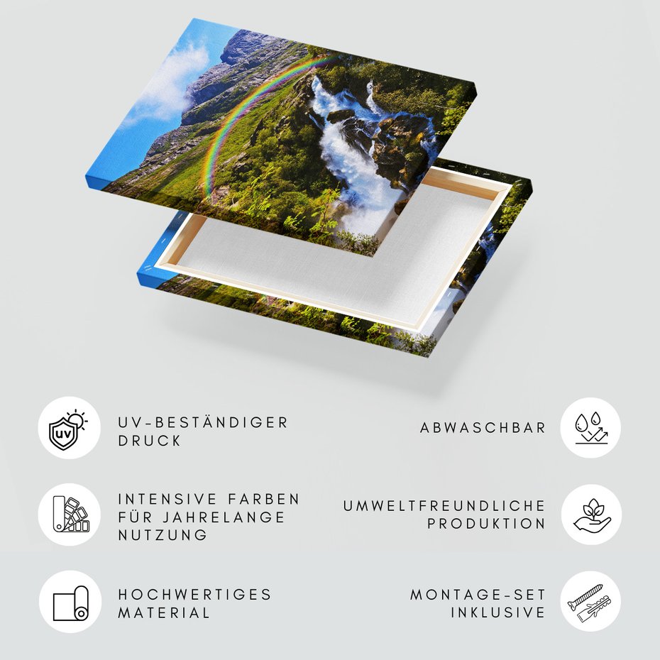 Obraz na płótnie - wodospad, góry, tęcza