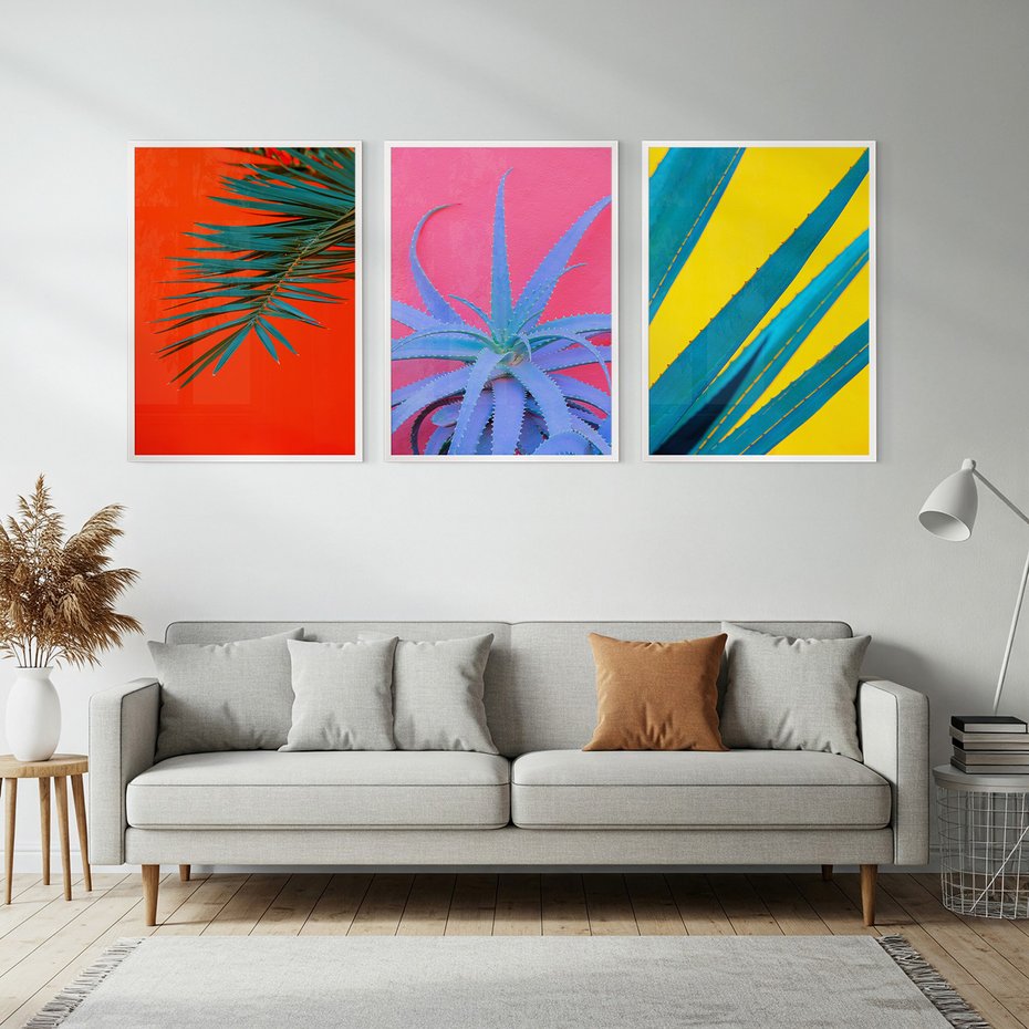 Zestaw obrazy w ramie, plakaty - liście,roślina,tropikalny - rama biała
