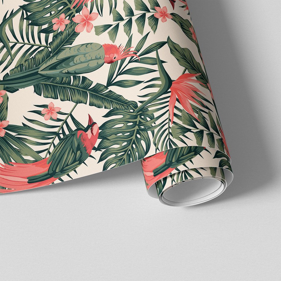 Tapeta - liście, papugi, kwiaty