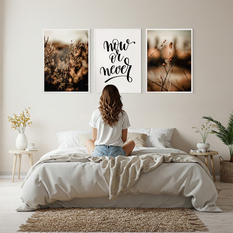 Zestaw obrazy w ramie, plakaty - przyroda, pajęczyna, owoce - rama biała