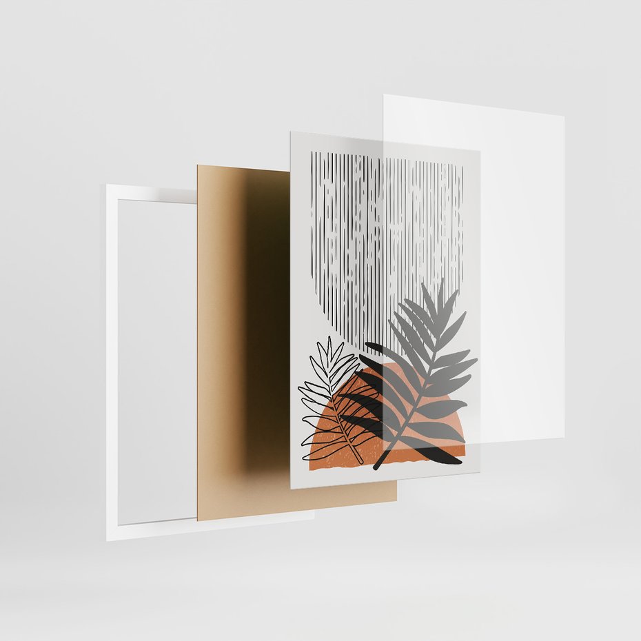 Zestaw obrazy w ramie, plakaty - abstrakcja, liście, minimalizm - rama biała