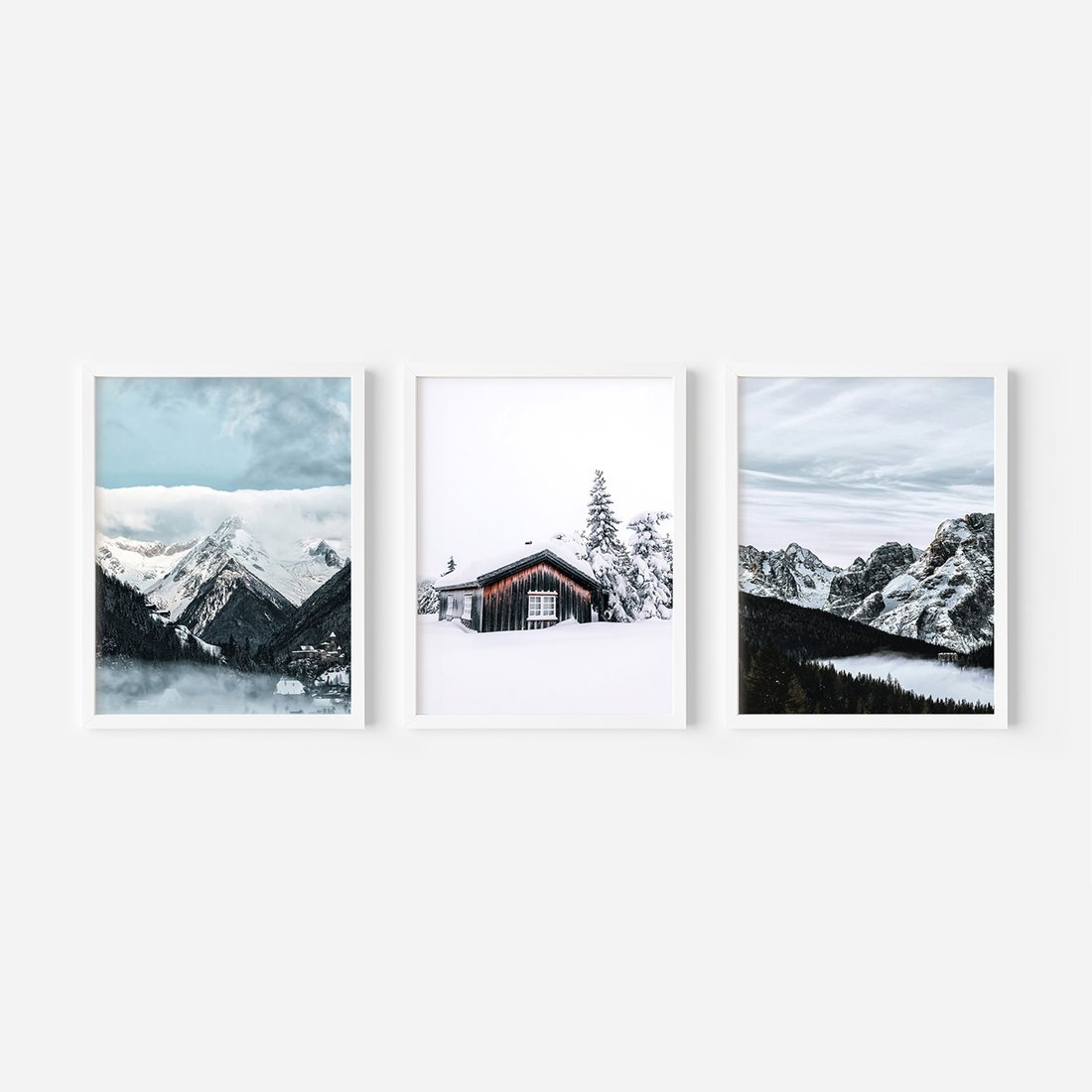 Zestaw obrazy w ramie, plakaty - zima, śnieg, góry - rama biała