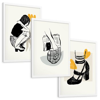 Zestaw obrazy w ramie, plakaty - rysunek, kobieta, kwiat - rama biała