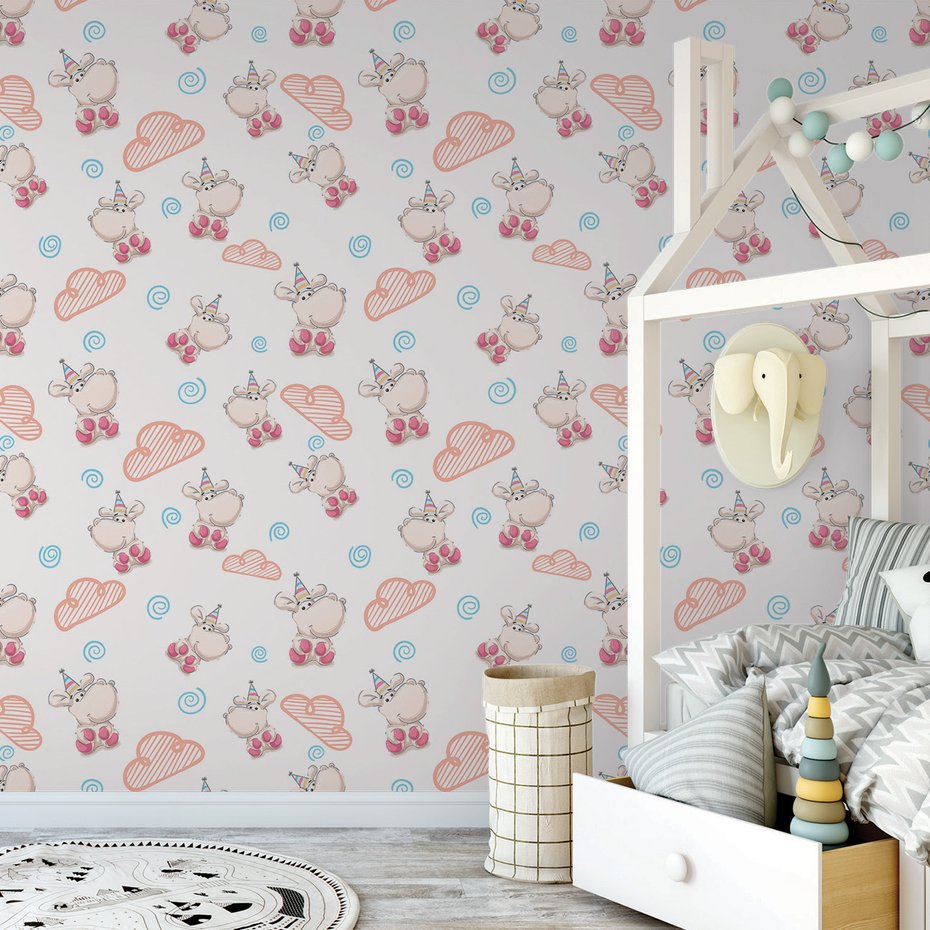 Tapeta - dziecięca, hipopotam, chmura, spirala