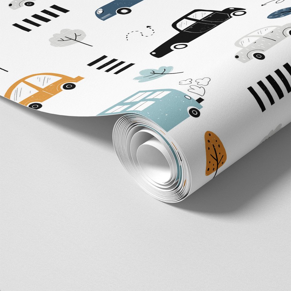 Tapeta - dziecięca, samochody, drzewa, pasy