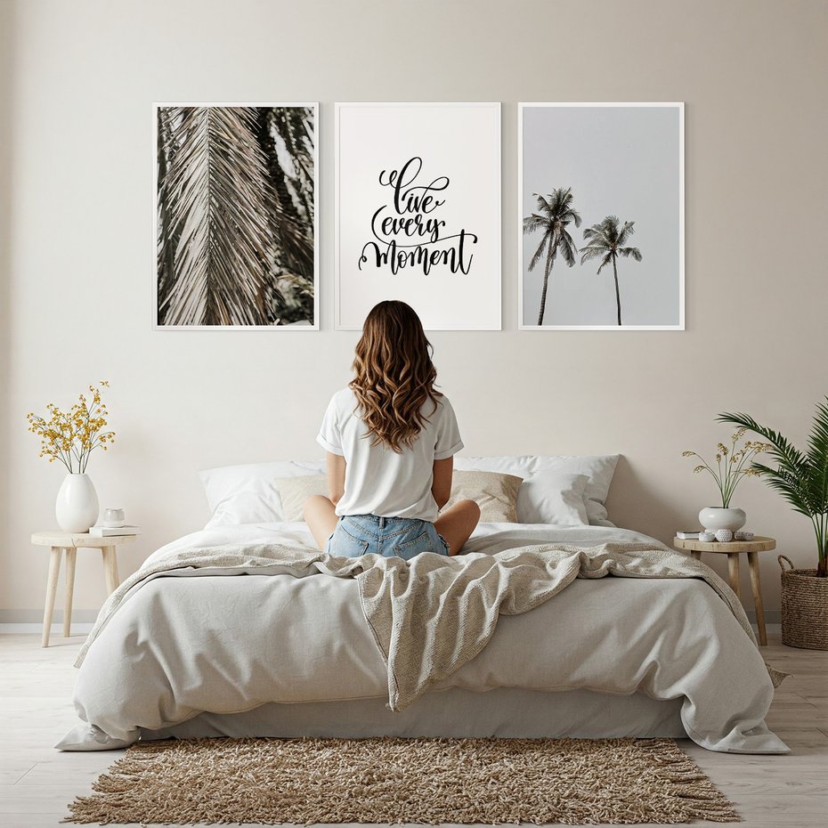 Zestaw obrazy w ramie, plakaty - liście, palmy, napisy - rama biała