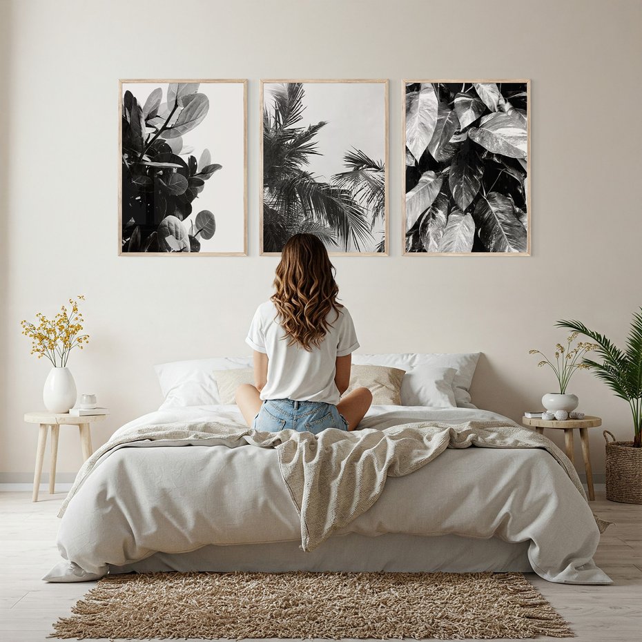 Zestaw obrazy w ramie, plakaty - liście, rośliny, natura - rama drewno