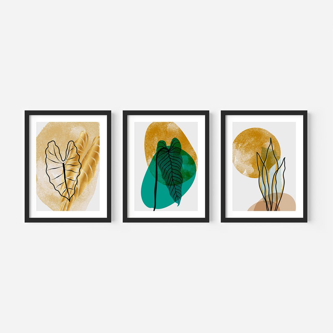 Zestaw obrazy w ramie, plakaty - liście, abstrakcja, rośliny - rama czarna