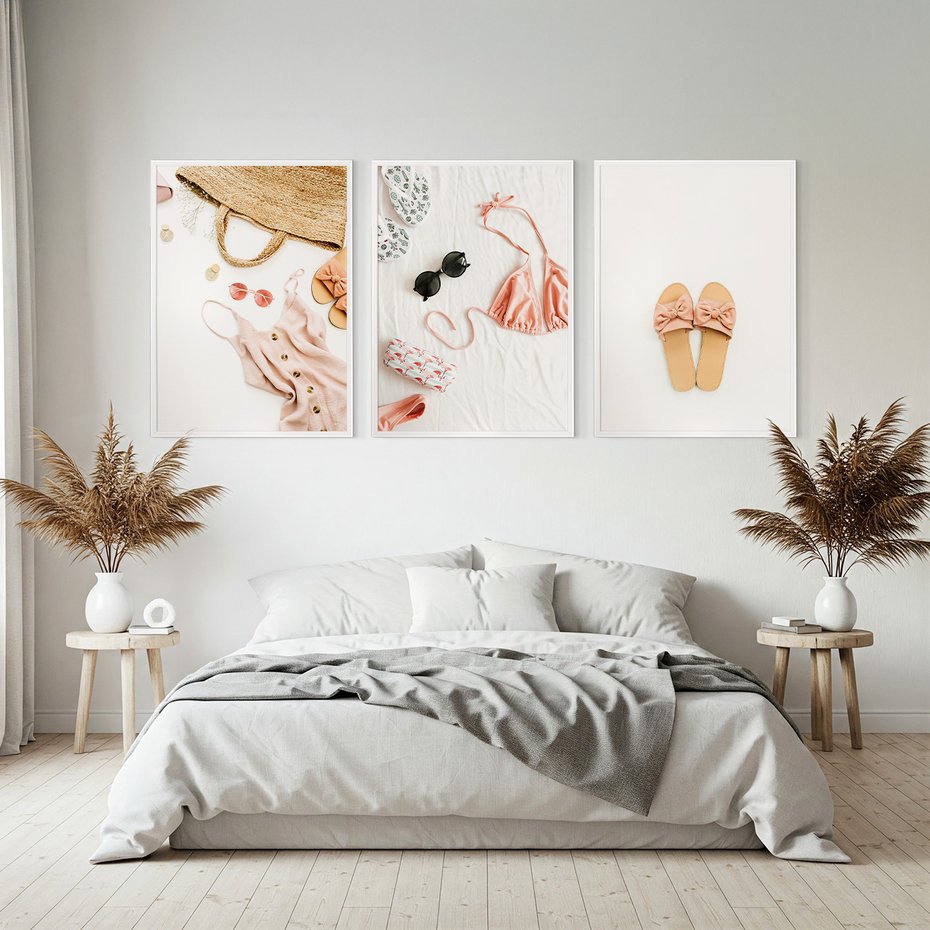 Zestaw obrazy w ramie, plakaty - moda, lato, akcesoria - rama biała