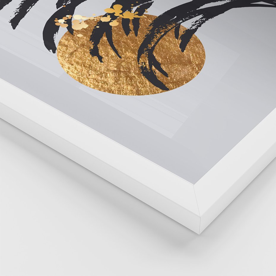 Zestaw obrazy w ramie, plakaty - liście, abstrakcja, złoto - rama biała