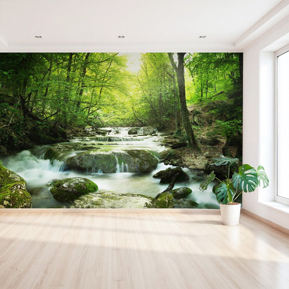 Fototapeta - las, rzeka, wodospad