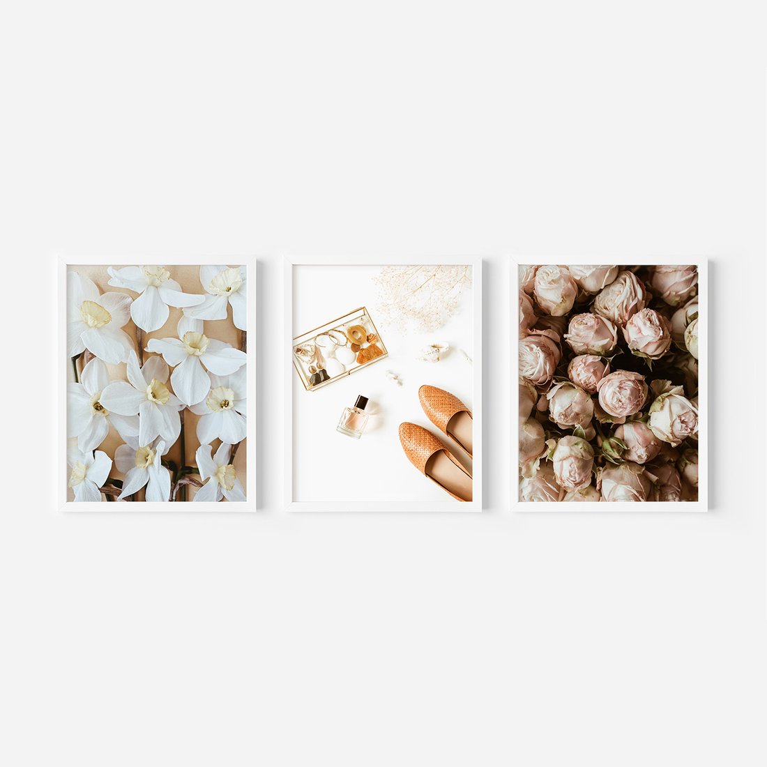 Zestaw obrazy w ramie, plakaty - kwiaty,róże,perfumy - rama biała