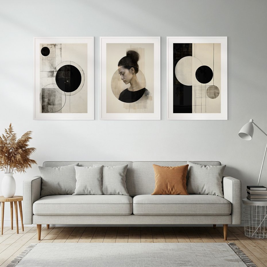 Zestaw obrazy w ramie, plakaty - abstrakcja,portret,geometria - rama biała