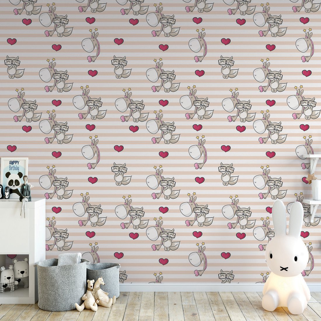 Tapeta - dziecięca, jednorożce, serca, paski
